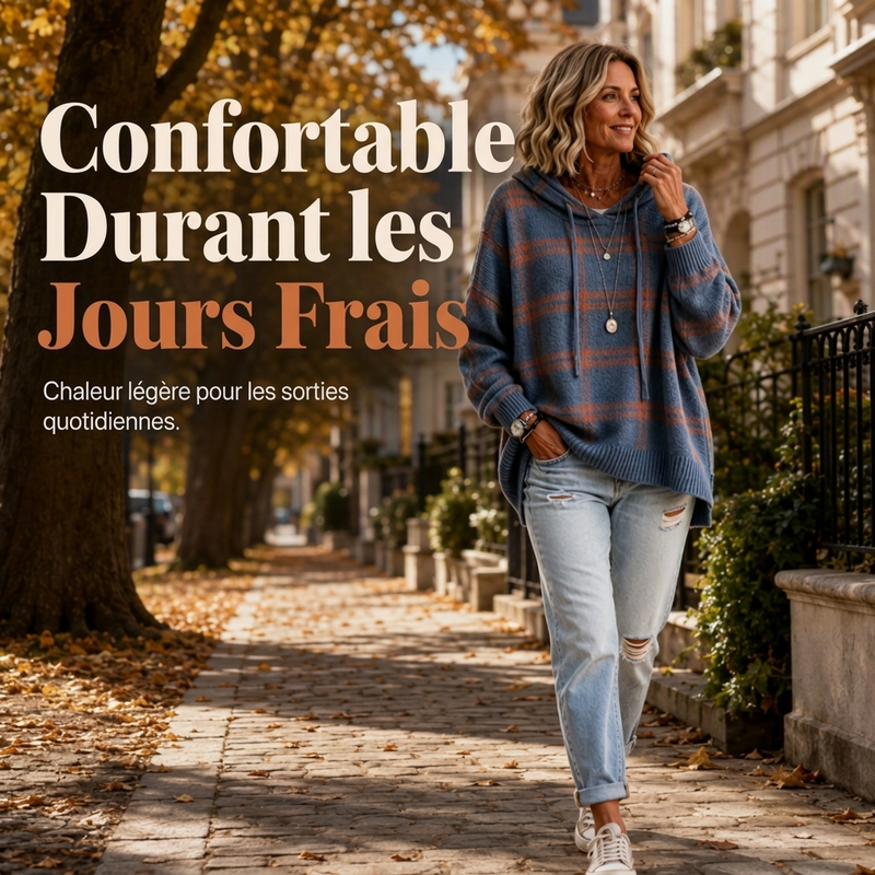 Pull en maille à capuche à carreaux rétro pour femme