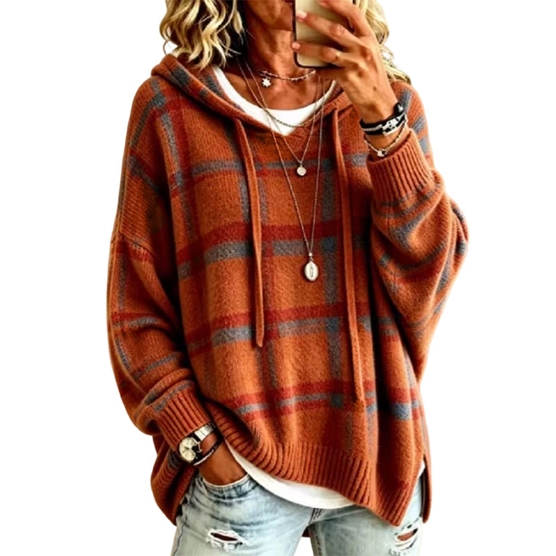 Pull en maille à capuche à carreaux rétro pour femme