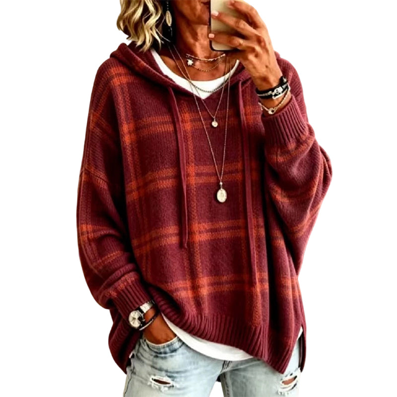 Pull en maille à capuche à carreaux rétro pour femme