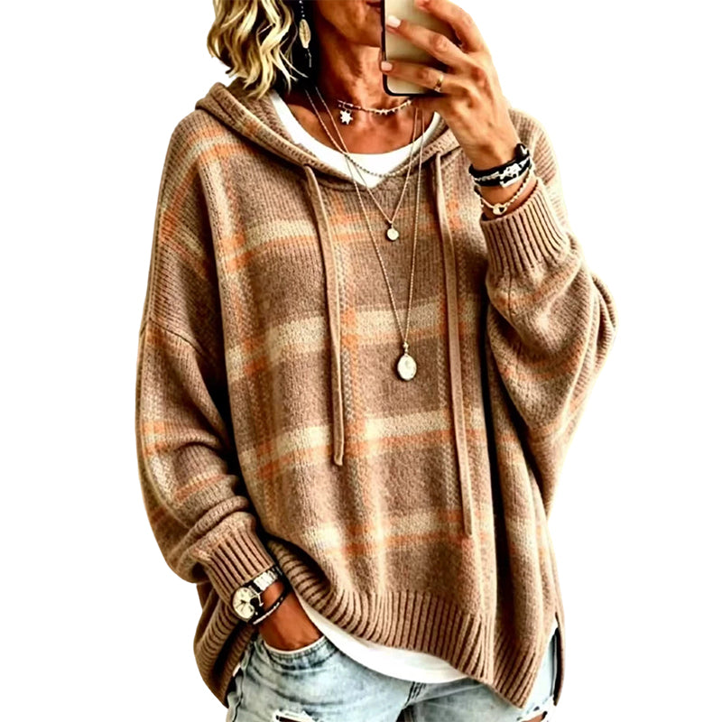 Pull en maille à capuche à carreaux rétro pour femme