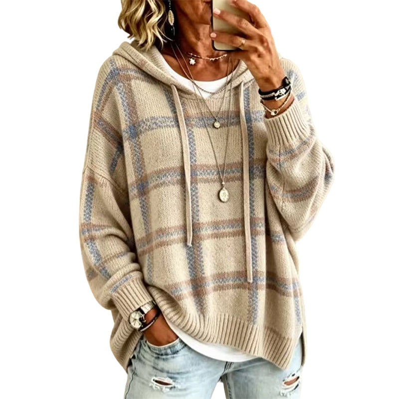 Pull en maille à capuche à carreaux rétro pour femme