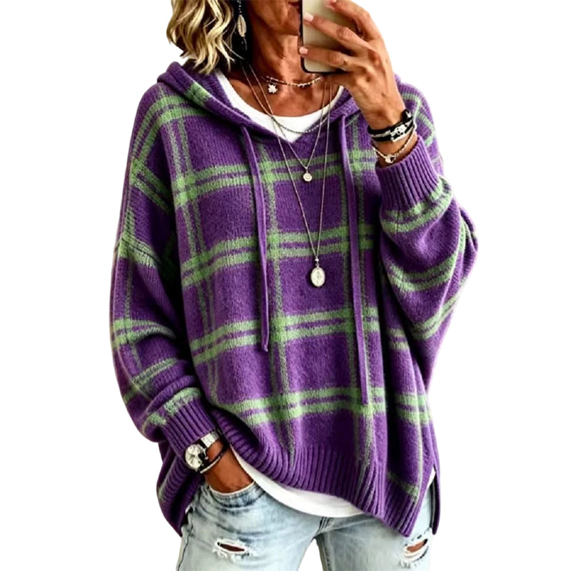 Pull en maille à capuche à carreaux rétro pour femme