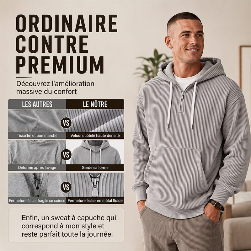 Sweat à capuche décontracté en velours côtelé pour homme, demi-zip