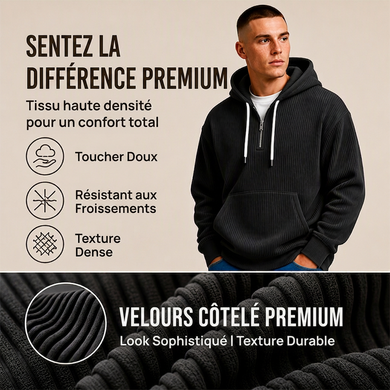 Sweat à capuche décontracté en velours côtelé pour homme, demi-zip
