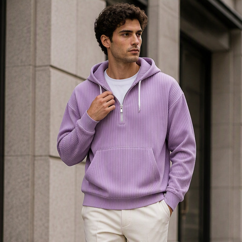 Sweat à capuche décontracté en velours côtelé pour homme, demi-zip