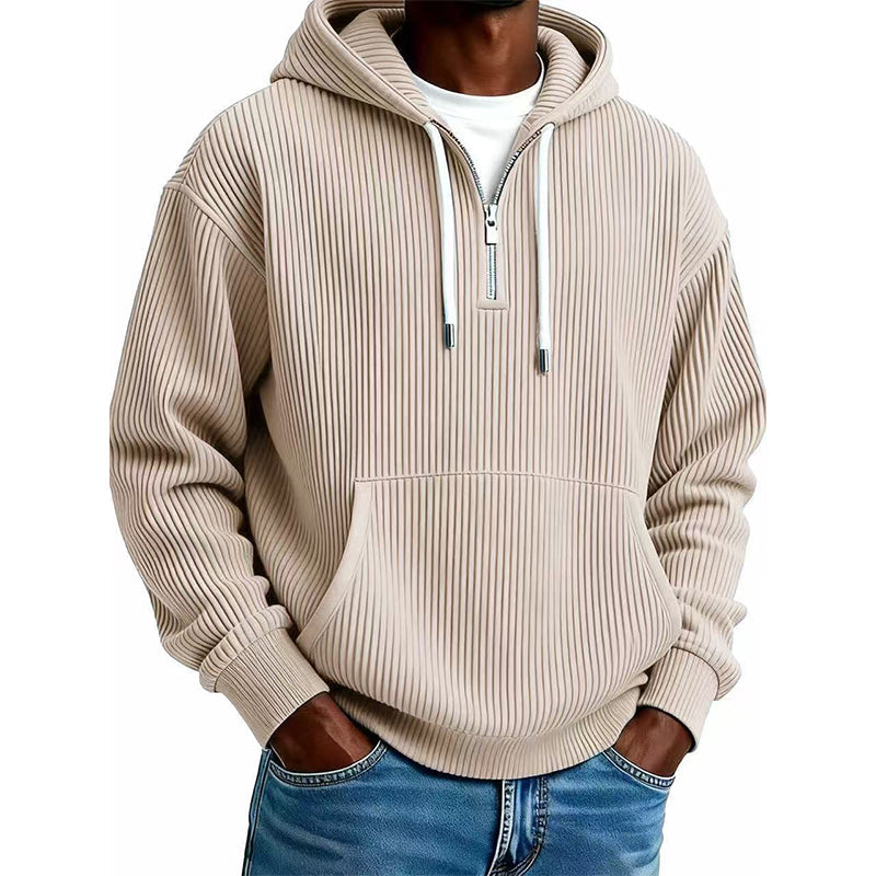 Sweat à capuche décontracté en velours côtelé pour homme, demi-zip