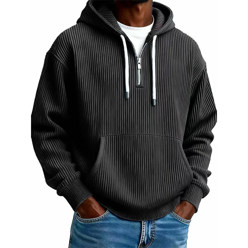 Sweat à capuche décontracté en velours côtelé pour homme, demi-zip