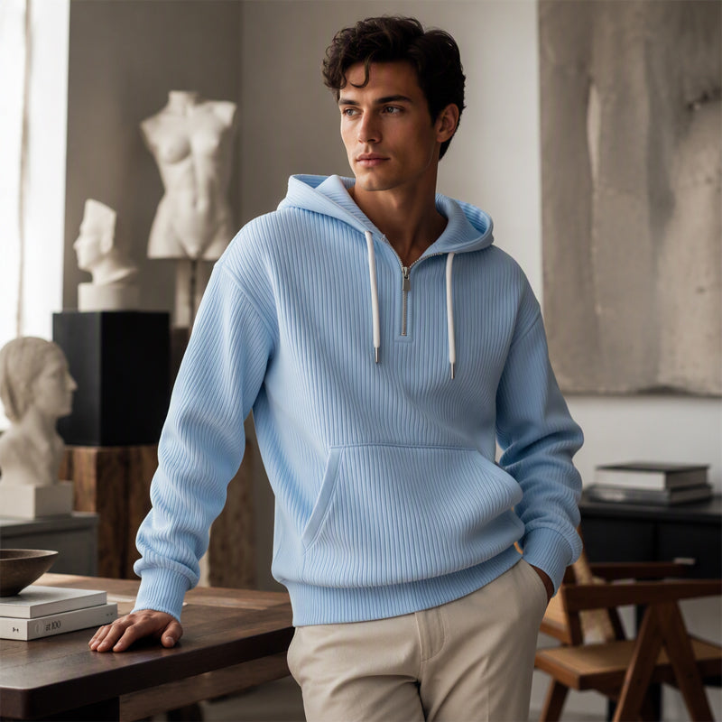 Sweat à capuche décontracté en velours côtelé pour homme, demi-zip