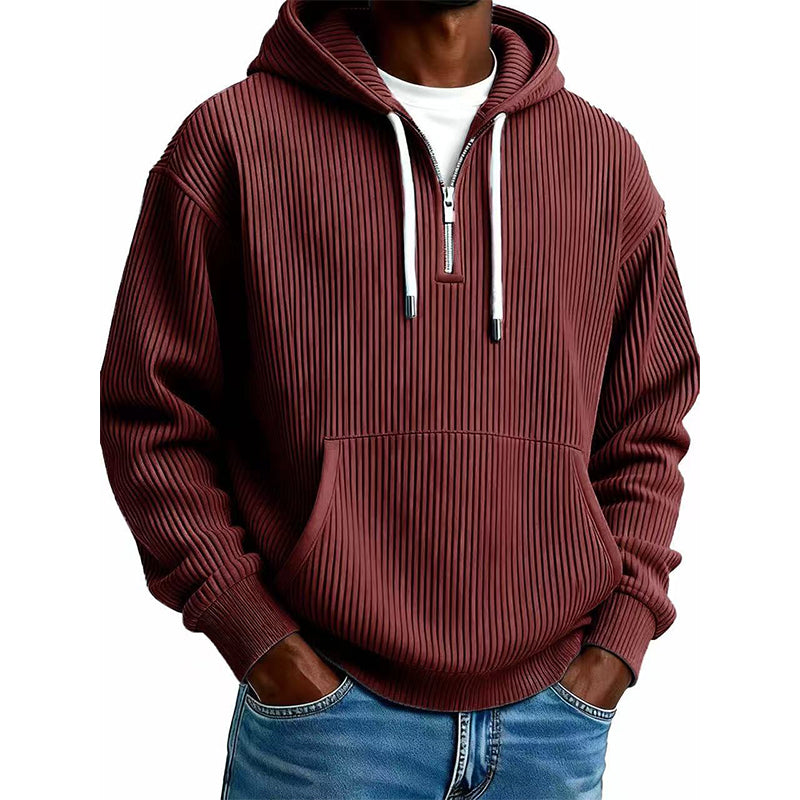 Sweat à capuche décontracté en velours côtelé pour homme, demi-zip