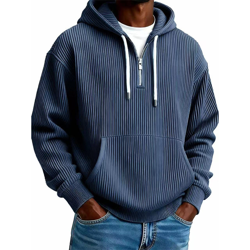 Sweat à capuche décontracté en velours côtelé pour homme, demi-zip