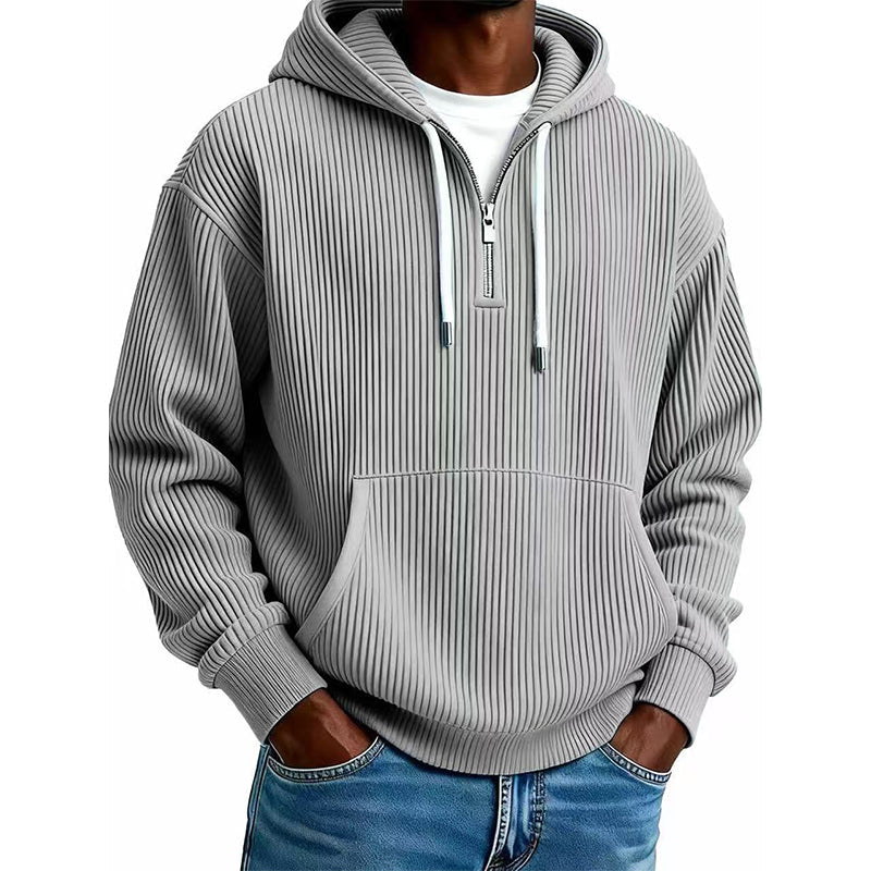 Sweat à capuche décontracté en velours côtelé pour homme, demi-zip