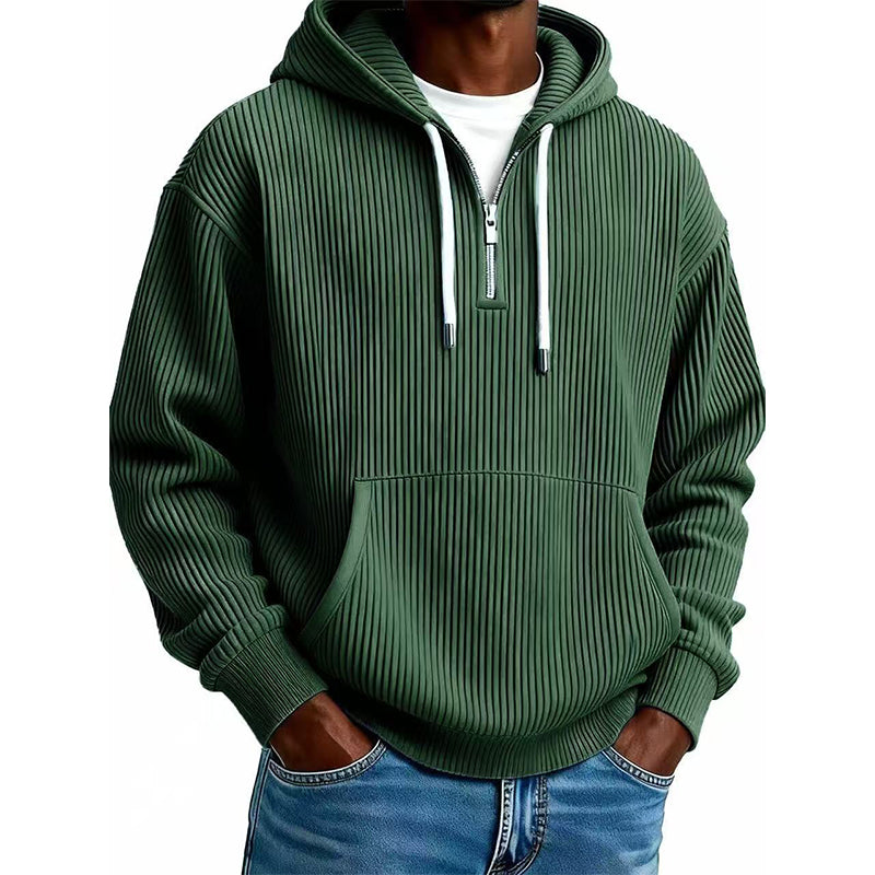 Sweat à capuche décontracté en velours côtelé pour homme, demi-zip