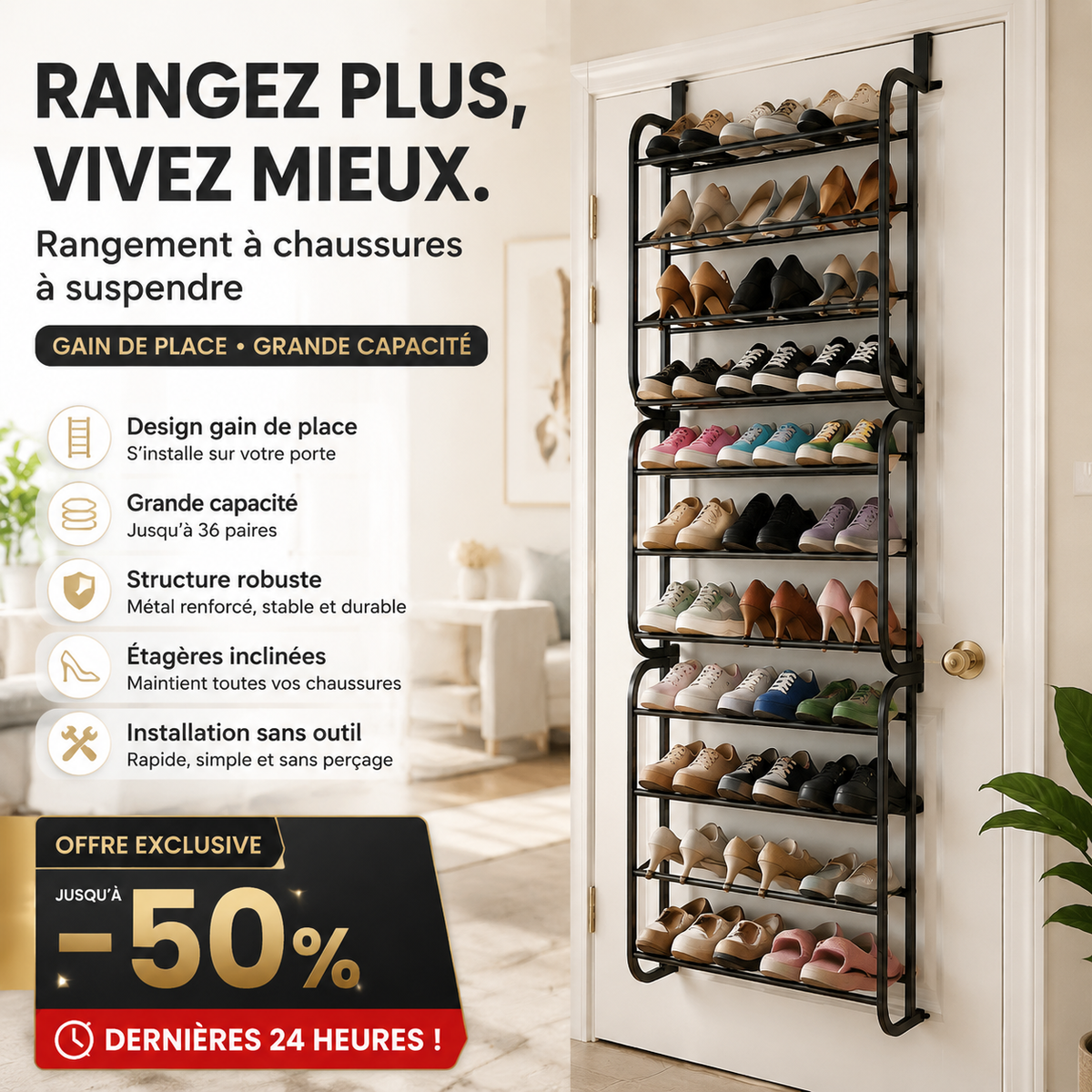 👟🔥 -50% ! Organisateur Chaussures Suspendu Porte – Jusqu'à 36 Paires Métal Robuste Stable, Étagères Inclinées Anti-Glissement Talons Bottes Baskets, Installation Sans Outils Secondes · 3 Coloris · 4-8-12 Étages ✨
