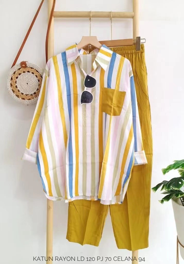 🌸Ensemble décontracté à rayures colorées 2 pièces.🌸2 pcs de 10 % & livraison gratuite🔥