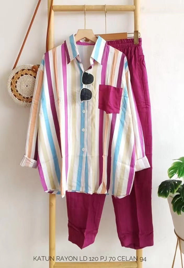 🌸Ensemble décontracté à rayures colorées 2 pièces.🌸2 pcs de 10 % & livraison gratuite🔥