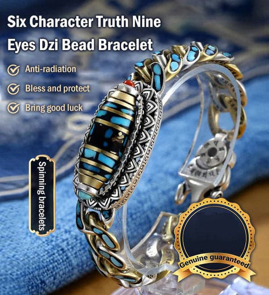 Bracelet Dzi à neuf yeux avec mantra à six caractères en turquoise