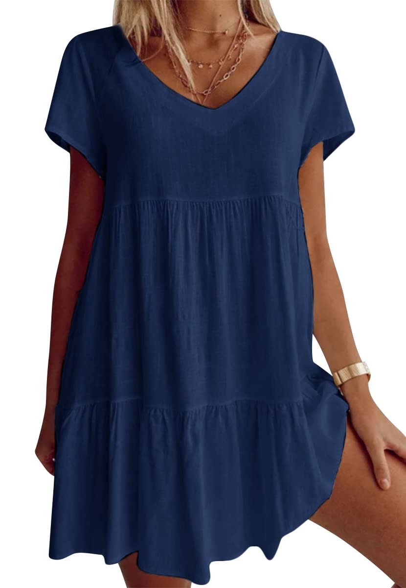 Large sizes cotton blend V-neck Casual woven dress with short sleeves