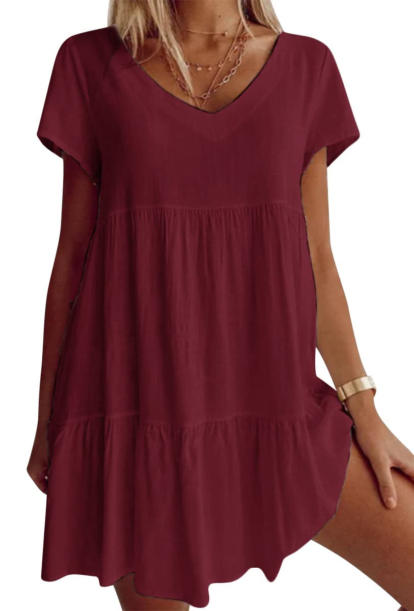 Large sizes cotton blend V-neck Casual woven dress with short sleeves