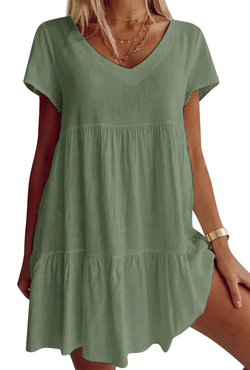Large sizes cotton blend V-neck Casual woven dress with short sleeves