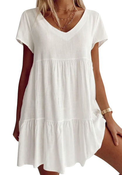 Large sizes cotton blend V-neck Casual woven dress with short sleeves