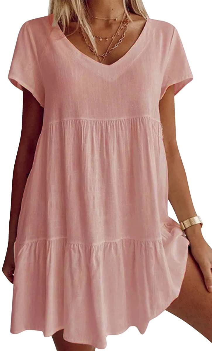 Large sizes cotton blend V-neck Casual woven dress with short sleeves