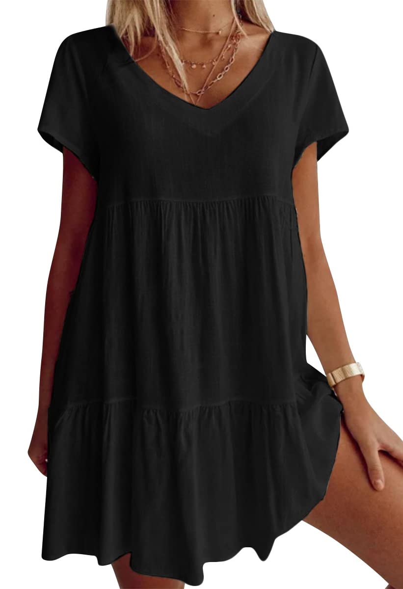 Large sizes cotton blend V-neck Casual woven dress with short sleeves