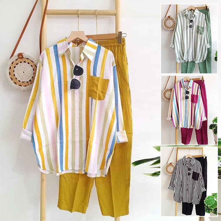 🌸Ensemble décontracté à rayures colorées 2 pièces.🌸2 pcs de 10 % & livraison gratuite🔥